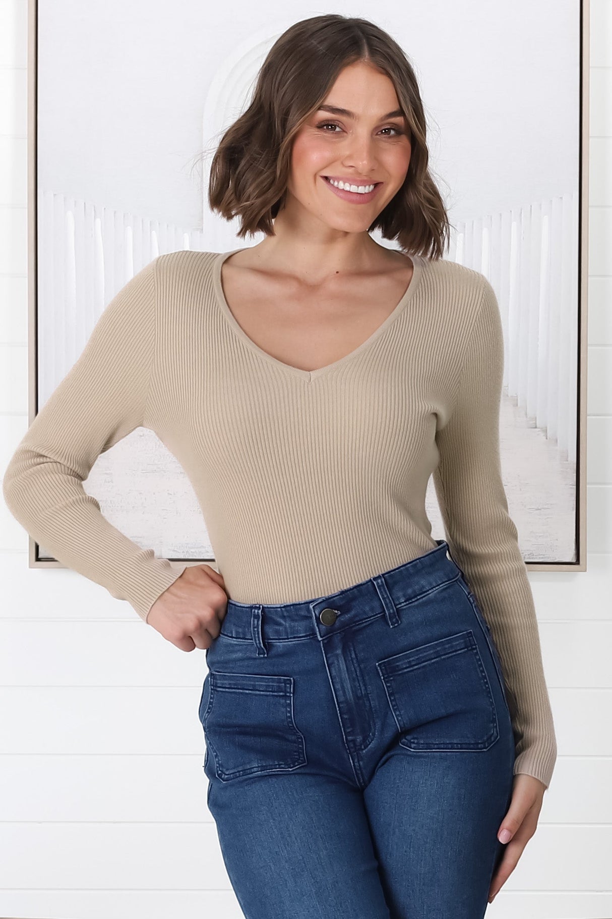 Rowland Knit Top - Ribbed V Neck Knit Top in Beige