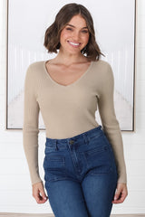 Rowland Knit Top - Ribbed V Neck Knit Top in Beige