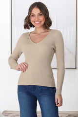 Rowland Knit Top - Ribbed V Neck Knit Top in Beige