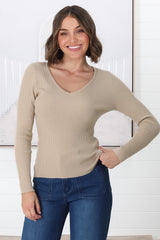 Rowland Knit Top - Ribbed V Neck Knit Top in Beige