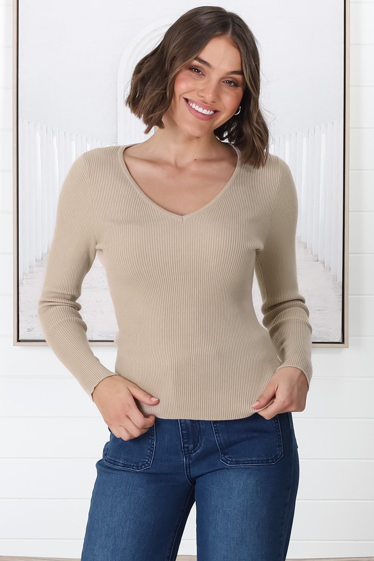 Rowland Knit Top - Ribbed V Neck Knit Top in Beige