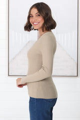 Rowland Knit Top - Ribbed V Neck Knit Top in Beige