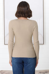 Rowland Knit Top - Ribbed V Neck Knit Top in Beige