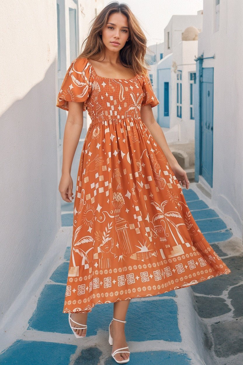 Shira Midi Dress - On Or Off Shoulder Elasticated Bodice Dress With Short Balloon Sleeves In Embry Print Orange