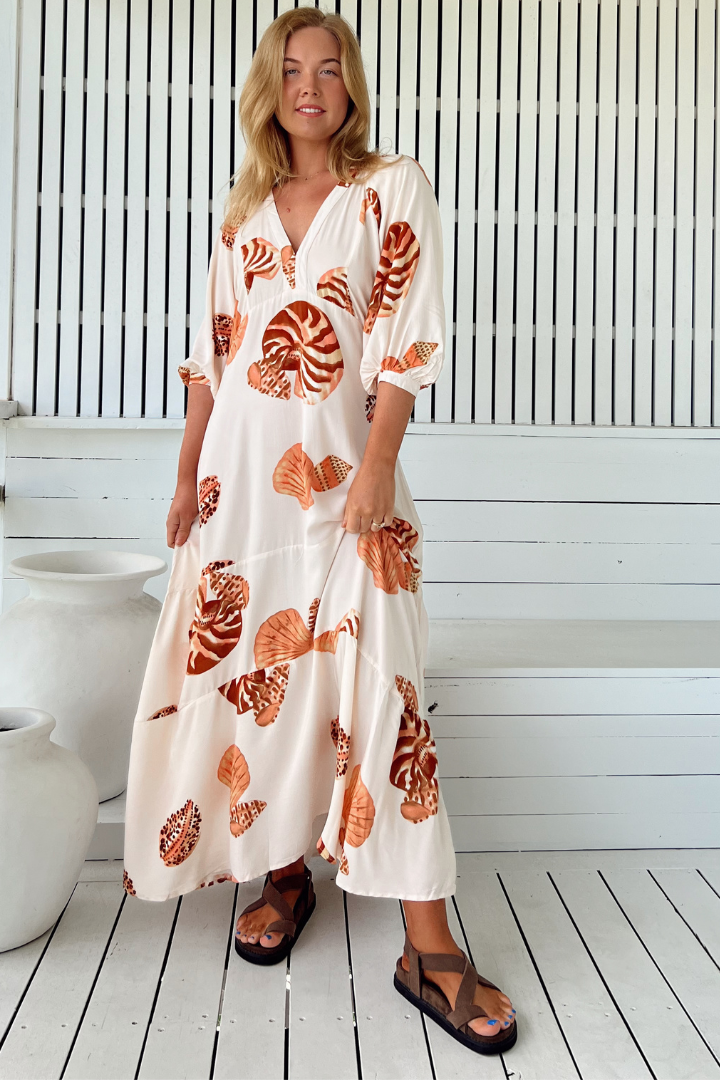 JAASE - Maisie Maxi Dress: Batwing Sleeve Button Down Smock Dress in Marcel Print