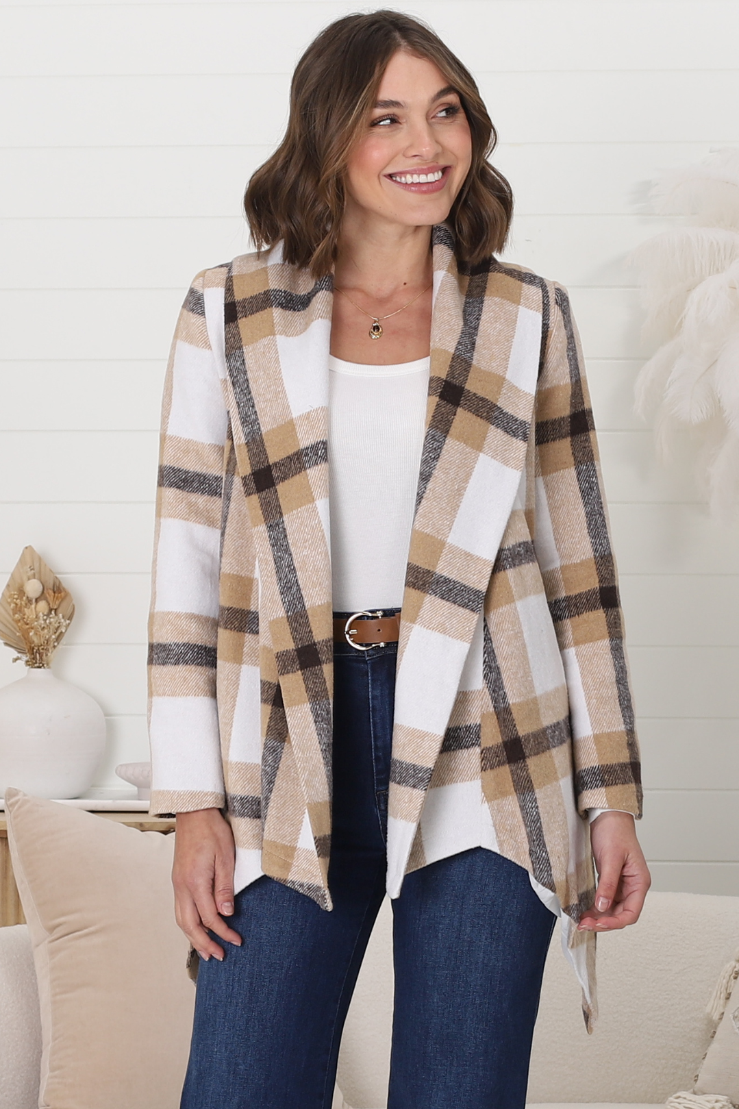 Clooney Coat - Checkered Collared Coat with Matching Belt in Beige