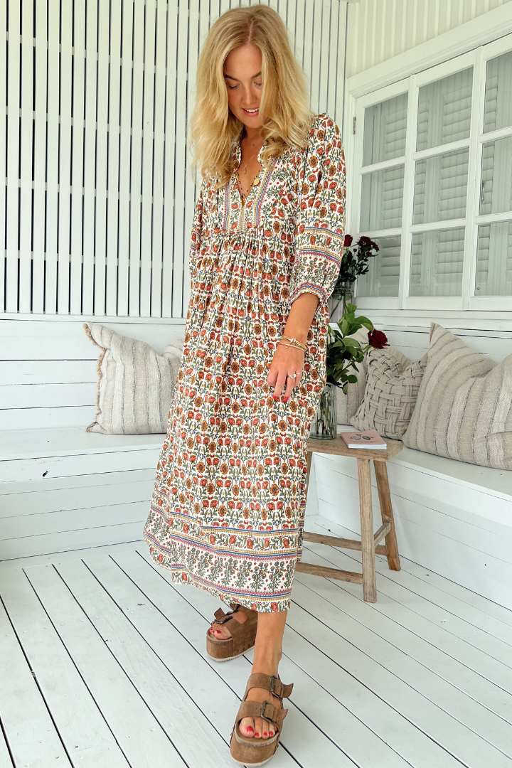 JAASE - Boheme Midi Dress: Piping Defined Bust Slimline Smock Dress in Harlowe Print