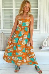 JAASE - Heidi Midi Dress: Tiered Sun Dress with Crochet Splicing in Aqua Fields Print