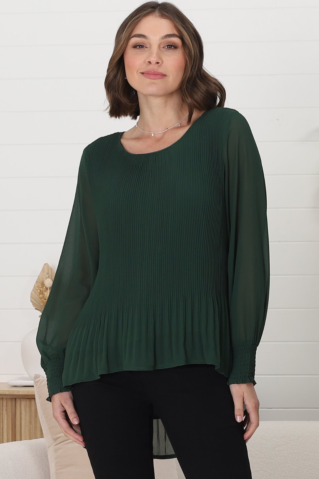 Kayt Blouse - Plisse Long Sleeve Top with High-Low Hemline in Green