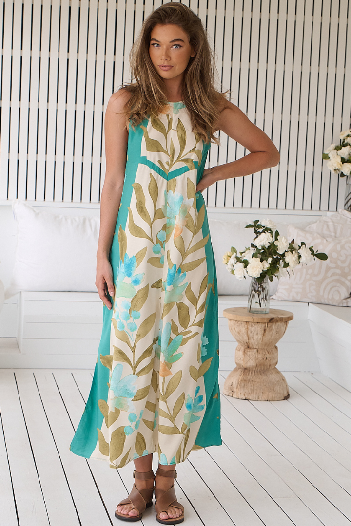 JAASE - Amira Maxi Dress: Crew Neckline with Deep V Open Back Dress in Himalayan Poppy Print