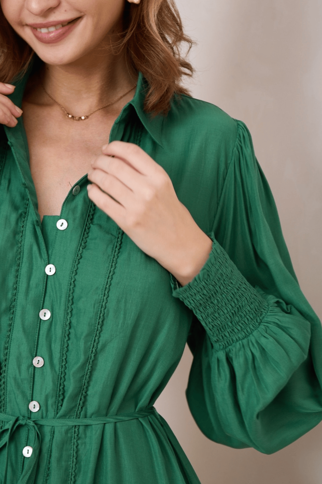 Abby Mini Dress - A Line Long Balloon Sleeve Dress in Emerald Green