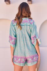 JAASE - Brinley Playsuit: Mandarin Collar with Buttoned Down Front in Aqua Love Birds Print