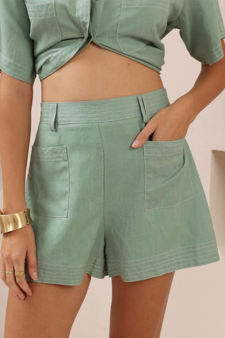 Amanda Shorts - Elasticated Back Waist Contrast Stitched Shorts in Sage