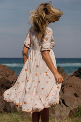 JAASE - Eve Midi Dress: V Neck Tiered Dress with Option Waist Tie in Vintage Sol Print