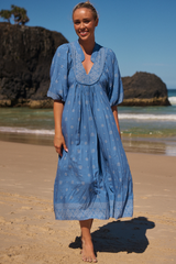 JAASE - Boheme Midi Dress: Piping Defined Bust Slimline Smock Dress in Azure Sky Print