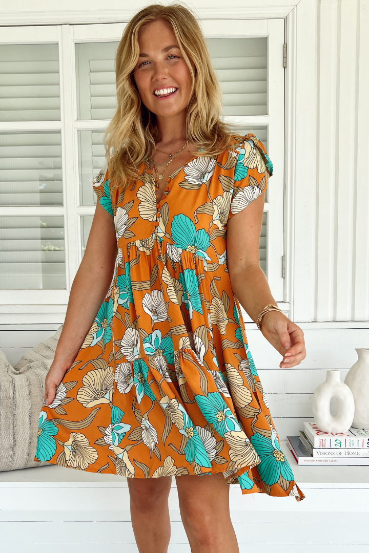 JAASE - Tracey Mini Dress: Cap Sleeve Dress with Waist Tie in Aqua Fields Print