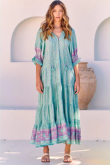 JAASE - Woods Maxi Dress - V neckline with Neck Tie Detail Dress in Aqua Love Birds Print