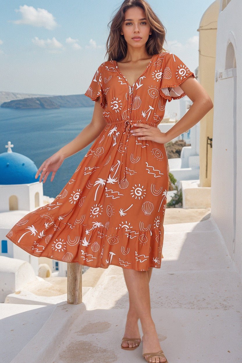 Kaida Midi Dress - Lattice Trim Detailed Buttoned Bodice A-Line Dress in Maui Print Orange