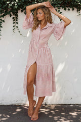 Mavis Midi Dress - V-Neckline Dress with Folded Collar in Rust Stripe