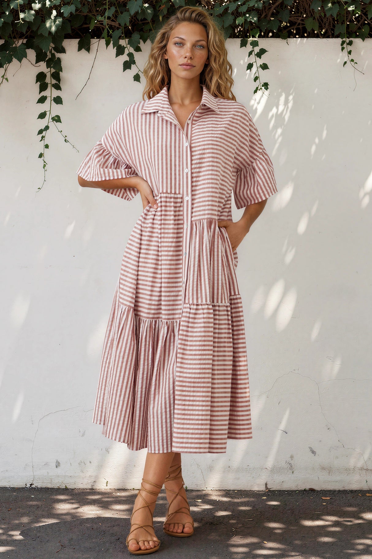 Mavis Midi Dress - V-Neckline Dress with Folded Collar in Rust Stripe
