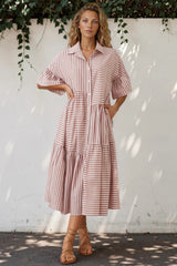 Mavis Midi Dress - V-Neckline Dress with Folded Collar in Rust Stripe