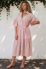 Mavis Midi Dress - V-Neckline Dress with Folded Collar in Rust Stripe