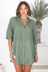 Beachly Shirt - Folded Collar Button Down Relaxed Shirt In Khaki