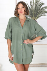 Beachly Shirt - Folded Collar Button Down Relaxed Shirt In Khaki