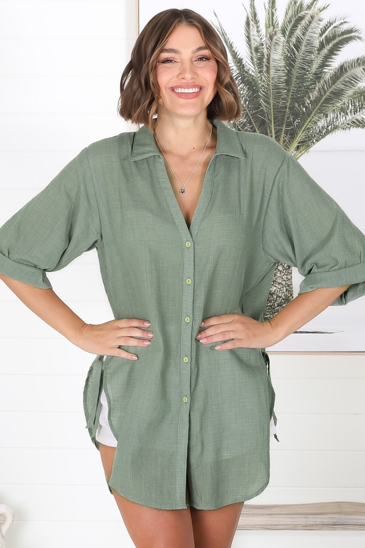 Beachly Shirt - Folded Collar Button Down Relaxed Shirt In Khaki