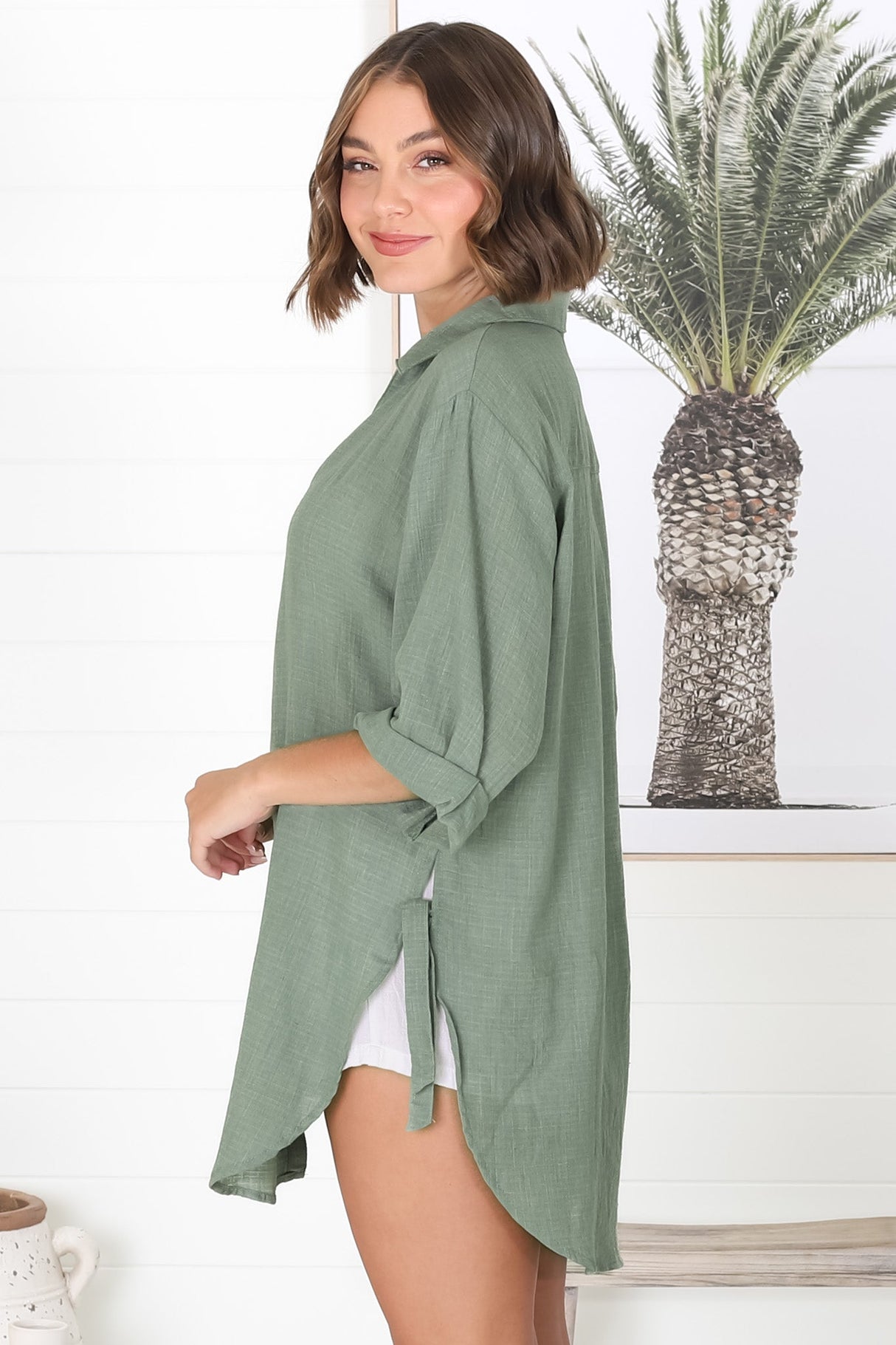 Beachly Shirt - Folded Collar Button Down Relaxed Shirt In Khaki