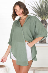 Beachly Shirt - Folded Collar Button Down Relaxed Shirt In Khaki