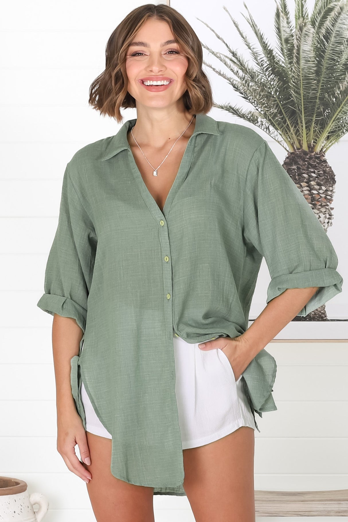 Beachly Shirt - Folded Collar Button Down Relaxed Shirt In Khaki