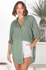 Beachly Shirt - Folded Collar Button Down Relaxed Shirt In Khaki