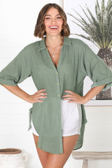 Beachly Shirt - Folded Collar Button Down Relaxed Shirt In Khaki