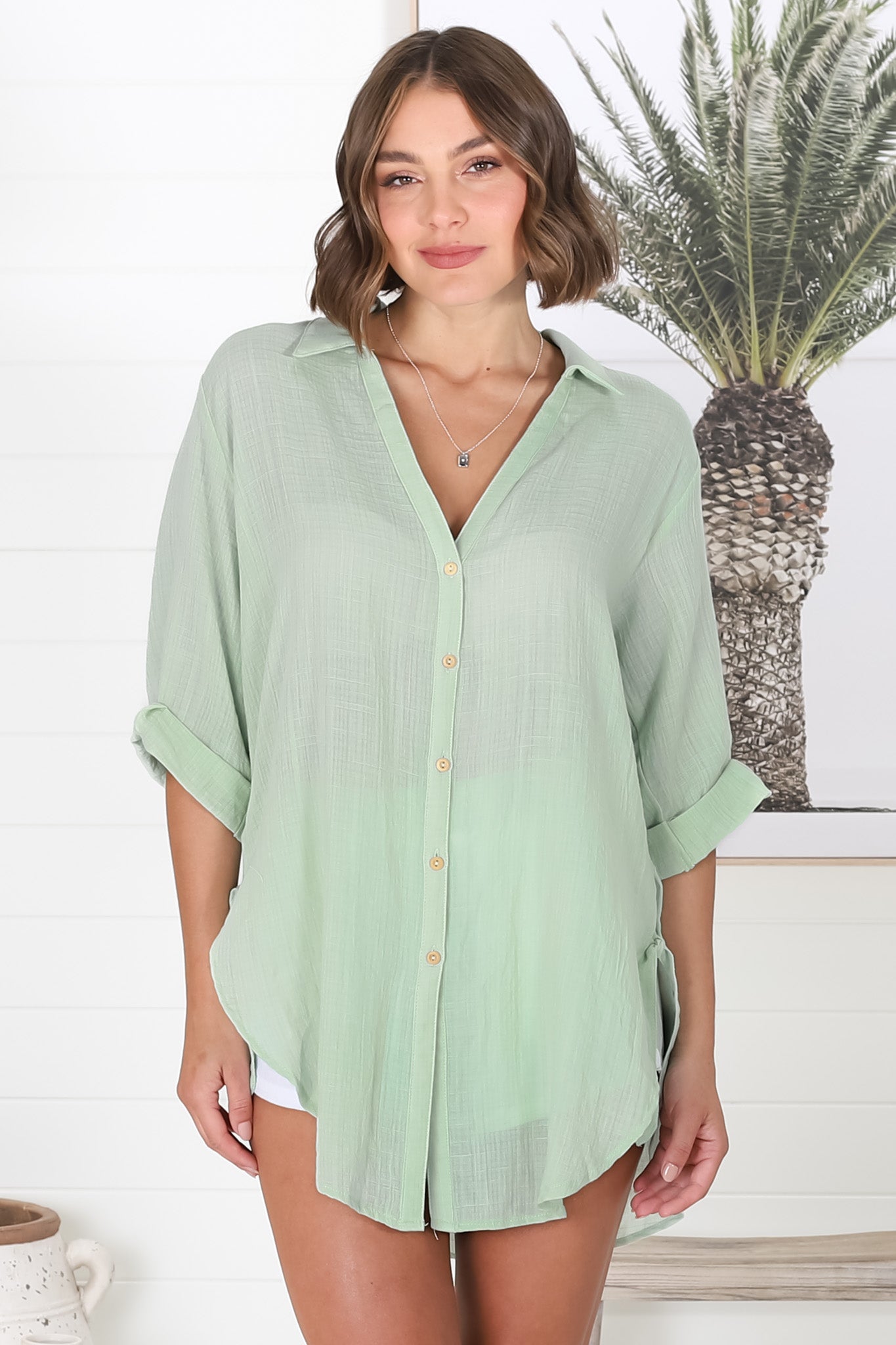 Beachly Shirt - Folded Collar Button Down Relaxed Shirt In Light Green