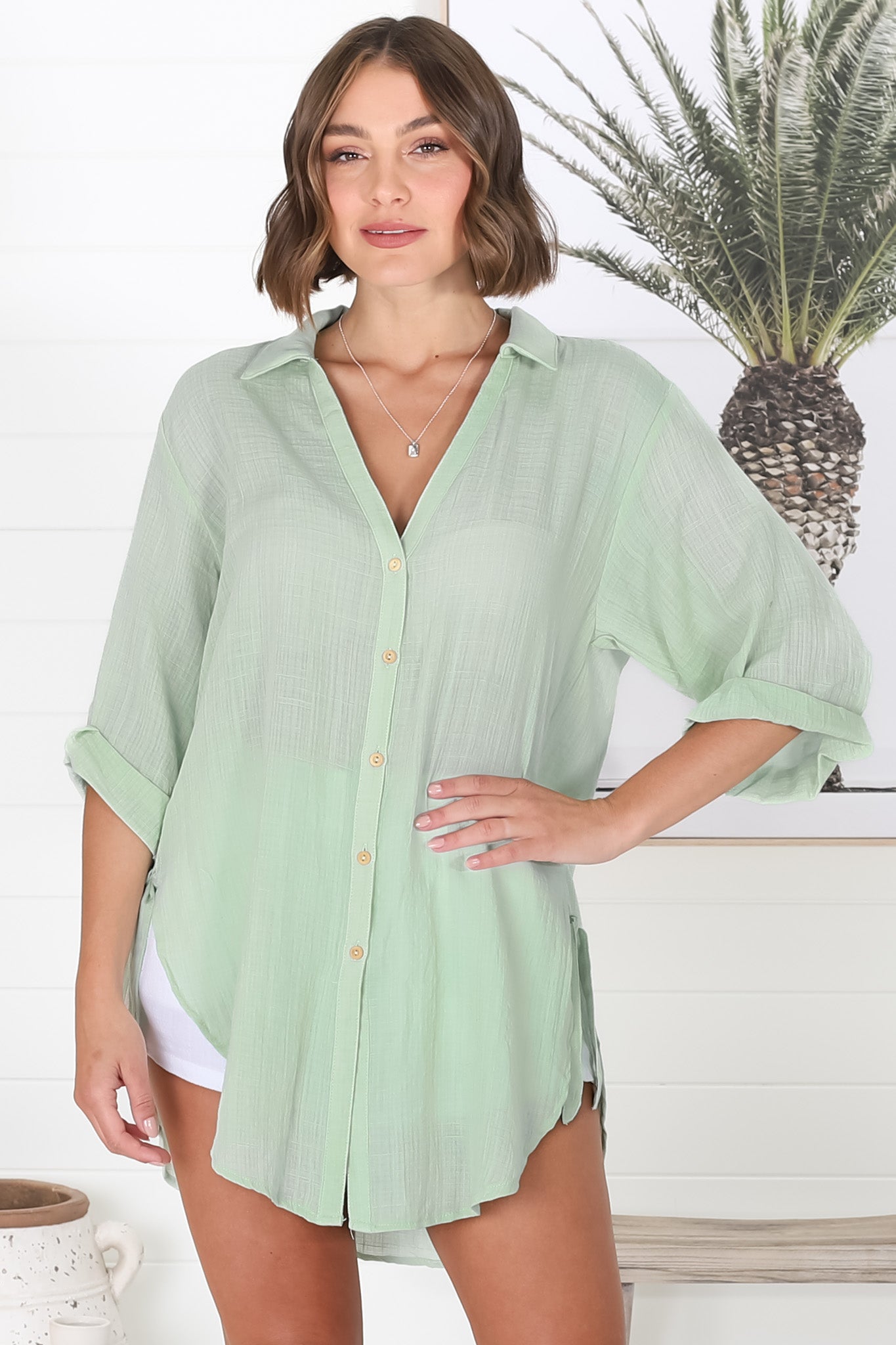 Beachly Shirt - Folded Collar Button Down Relaxed Shirt In Light Green