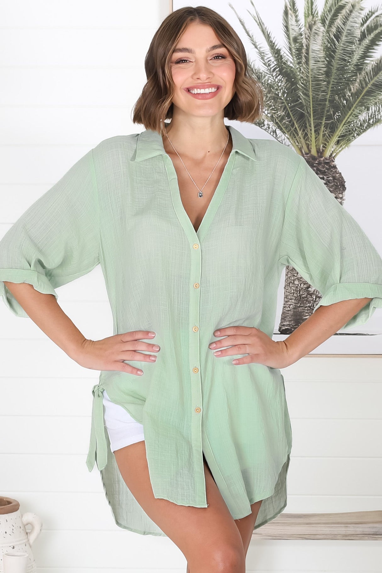 Beachly Shirt - Folded Collar Button Down Relaxed Shirt In Light Green