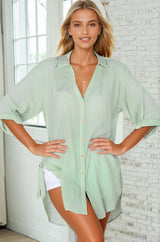 Beachly Shirt - Folded Collar Button Down Relaxed Shirt In Light Green