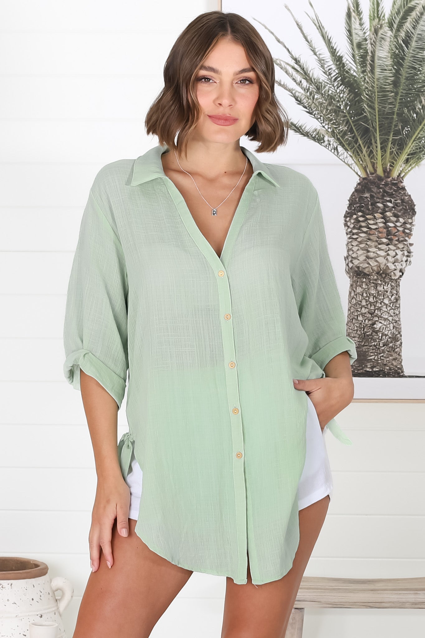 Beachly Shirt - Folded Collar Button Down Relaxed Shirt In Light Green