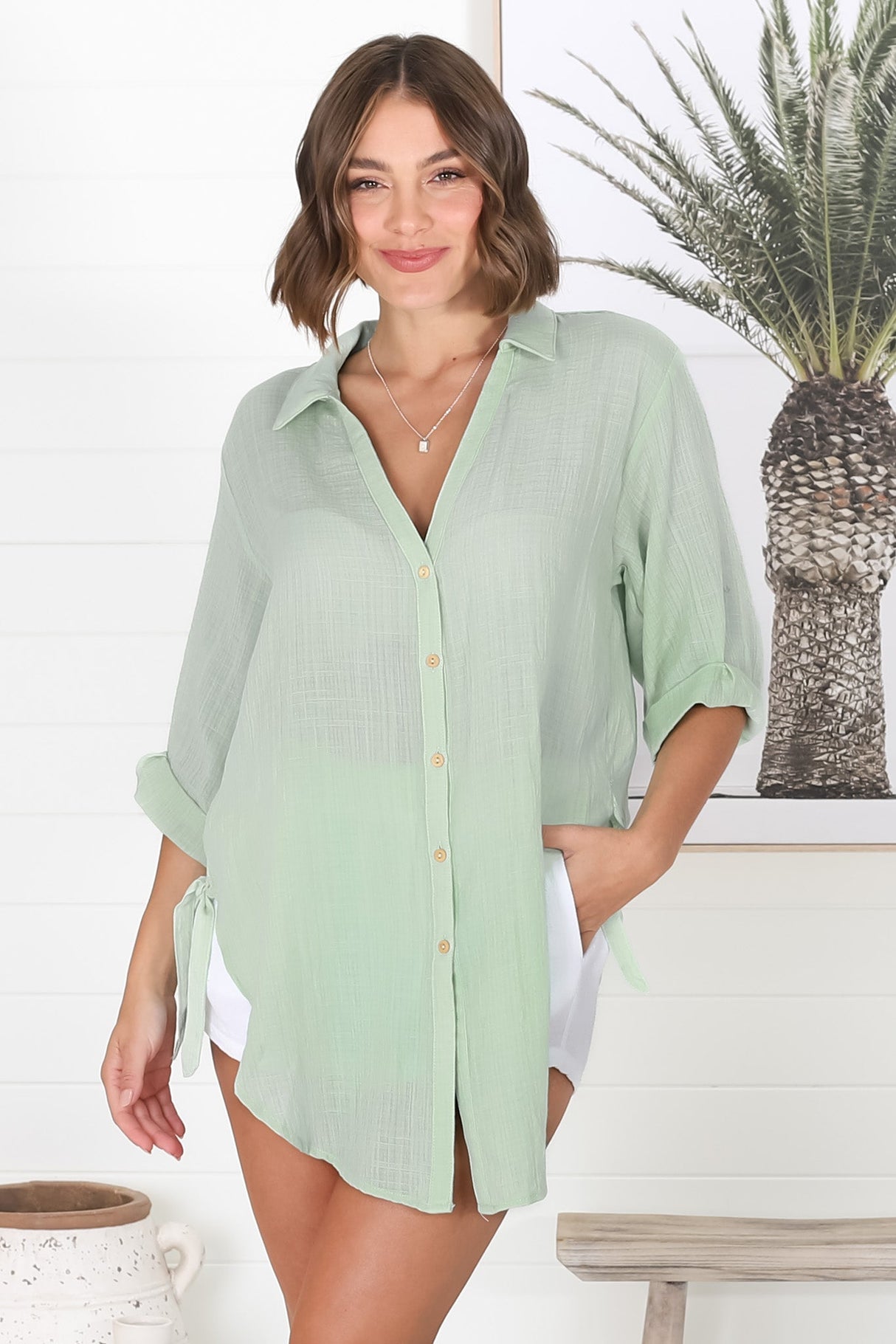 Beachly Shirt - Folded Collar Button Down Relaxed Shirt In Light Green