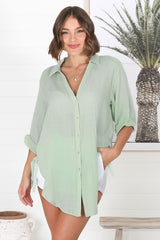 Beachly Shirt - Folded Collar Button Down Relaxed Shirt In Light Green