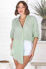 Beachly Shirt - Folded Collar Button Down Relaxed Shirt In Light Green