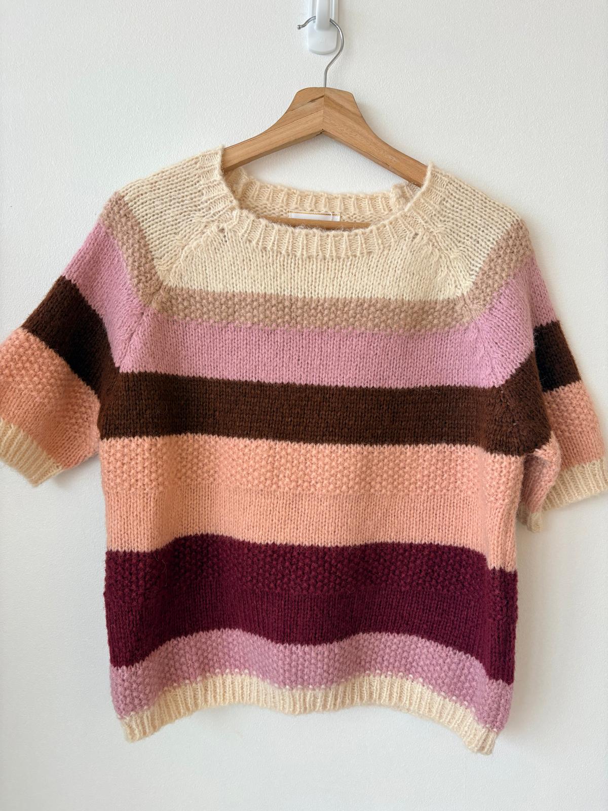 Emmalyna Knit Top - Boat Neck Stripe Woven Short Sleeve Knit in Beige