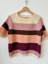 Emmalyna Knit Top - Boat Neck Stripe Woven Short Sleeve Knit in Beige