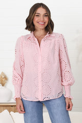 Benton Blouse - Hollow Out Embroidered Button Down Blouse in Pink