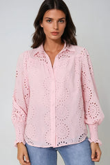 Benton Blouse - Hollow Out Embroidered Button Down Shirt in Pink