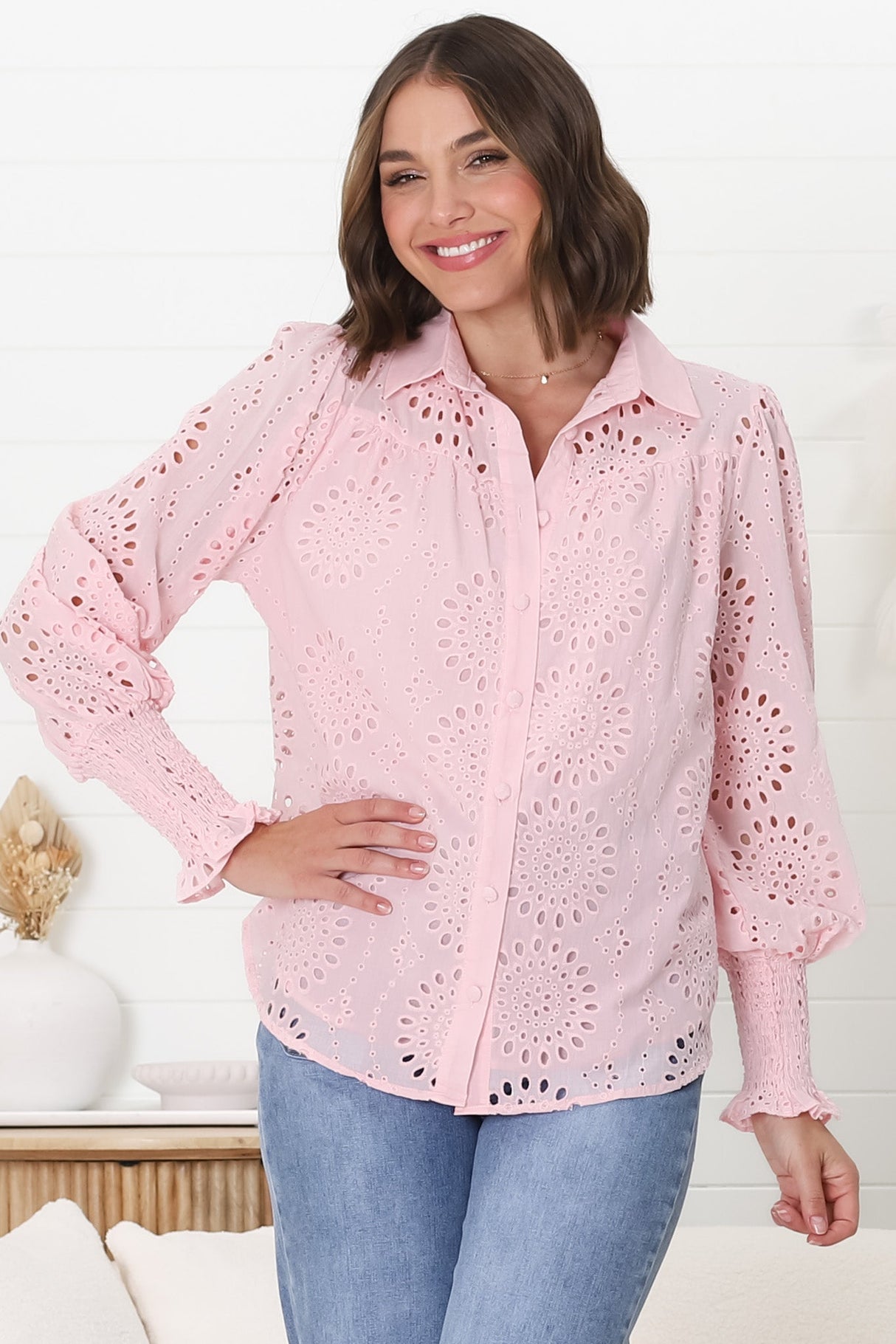 Benton Blouse - Hollow Out Embroidered Button Down Blouse in Pink