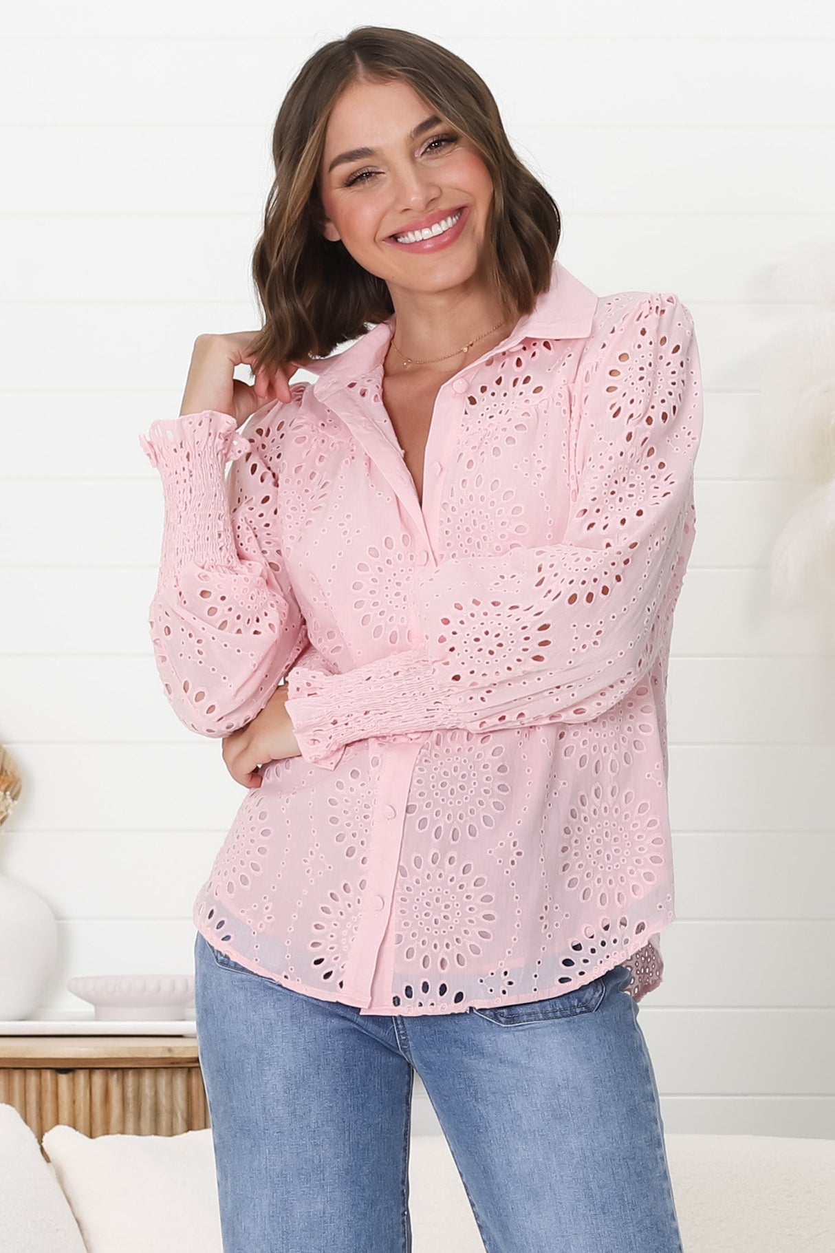 Benton Blouse - Hollow Out Embroidered Button Down Blouse in Pink