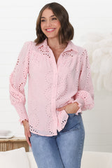 Benton Blouse - Hollow Out Embroidered Button Down Blouse in Pink