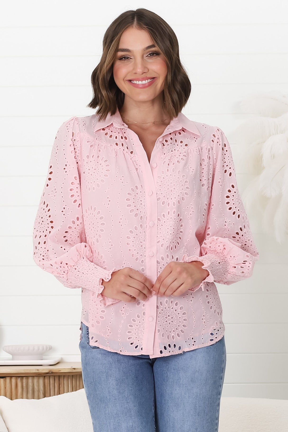 Benton Blouse - Hollow Out Embroidered Button Down Blouse in Pink